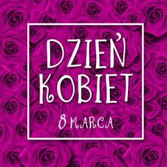     Women's day card with Polish words DZIEŃ KOBIET. Tulip flower small hearts on white wooden background. 

 - obrazy, fototapety, plakaty
