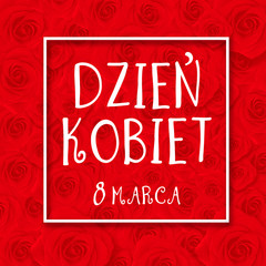     Women's day card with Polish words DZIEŃ KOBIET. Tulip flower small hearts on white wooden background. 

