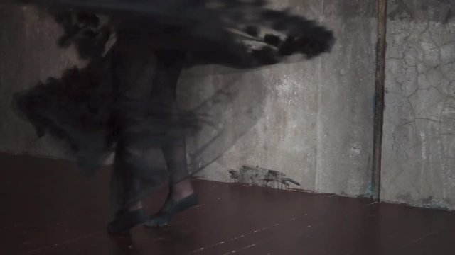 Slim graceful legs of young dancer girl, whirling in a dance. Camera is panning from bottom to face of pretty woman