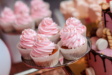 Pink cupcakes on the plate on the candy table