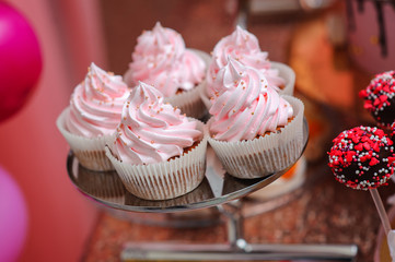 Pink cupcakes on the plate on the candy table
