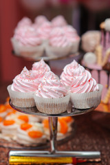 Pink cupcakes on the plate on the candy table