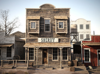 Rustic western town sheriff's office. 3d rendering. Part of a western town series
 - obrazy, fototapety, plakaty