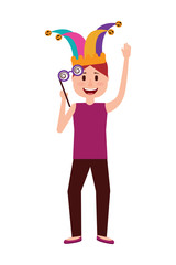 funny man holding silly glasses and jester hat vector illustration