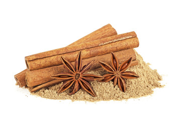 Anise and cinnamon isolated on white background