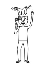 funny man holding silly glasses and jester hat vector illustration