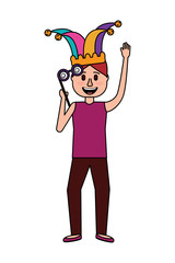funny man holding silly glasses and jester hat vector illustration