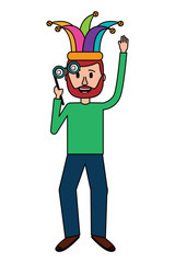 funny man holding silly glasses and jester hat vector illustration