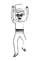 happy man standing wearing mask mustache glasses and hat vector illustration sketch design