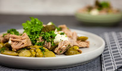 Healthy salad with tuna, cucumber and green peas