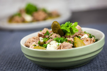 Tuna salad with cucumber, green peas, parsley and dill in the bowl