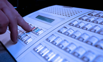 Fototapeta premium Abstract, blurry, bokeh background, image for the background. Central control panel of. The engineering personnel watch in monitors work of the equipment