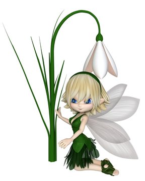 Cute toon blonde snowdrop fairy in a green leafy dress kneeling by a spring snowdrop flower, 3d digitally rendered illustration
