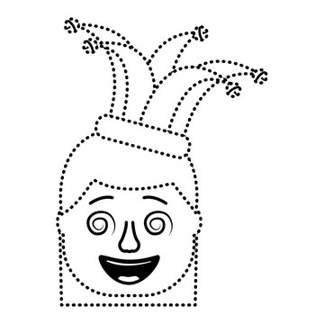 laughing face woman with crazy glasses and jester hat enjoy vector illustration dotted line design