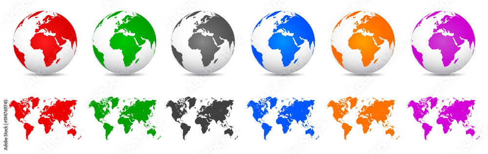 Wall mural set 3d vector globes with world maps - vector
