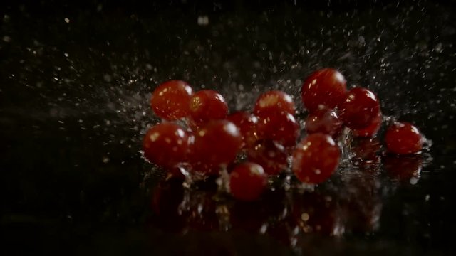 Grape berries falling and rolling on wet surface, Ultra Slow Motion 