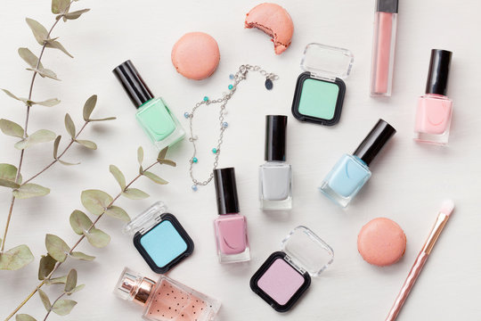 Pastel colors cosmetics. Beauty blogger concept