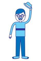 happy man standing wearing mask mustache glasses and hat vector illustration blue image design