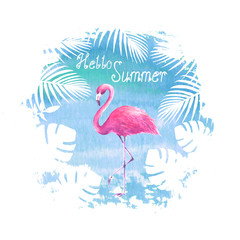 Hello summer lettering flamingo blue poster
