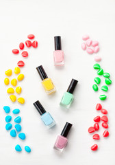 Obraz premium Pastel colors cosmetics. Beauty blogger concept