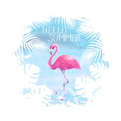 Hello summer lettering flamingo blue poster