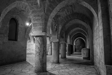 Horizontal View the Crypt Under The Basilica of Saint Cataldo. Taranto, South of Italy