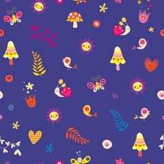 Obraz premium flowers birds mushrooms butterflies snails hearts nature seamless pattern