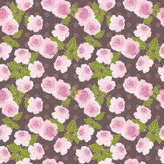 pink roses vector on choko brown dots background seamless pattern