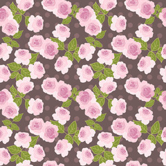 Seamless decorative pattern of pink roses on brown dotted background
