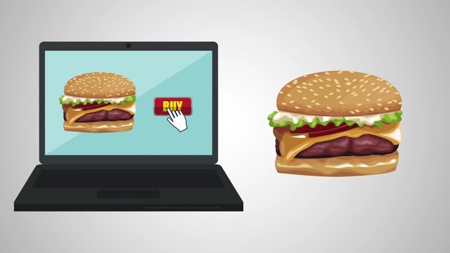 Buying hambuger online from laptop High definition animation colorful scenes