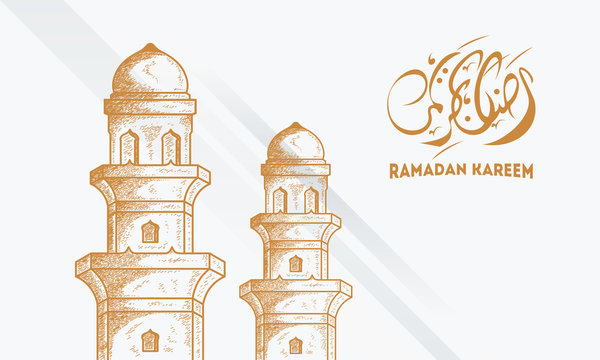 Luxury Minarets Hand drawn style background, Ramadan Kareem wallpaper with arabic calligraphy vector illustration