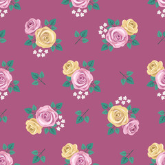 Seamless vintage romantic pattern with yellow and pink roses and white flowers on purple background. Retro wallpaper style. Shabby chic design. Perfect for scrapbooking. Vector illustration