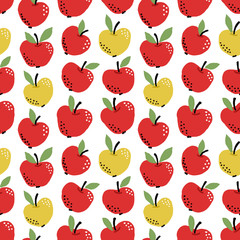 Seamless cute colorful pattern with red and yellow hand drawn apples on white background. Scandinavian design style, vector illustration for textile, manufacturing etc