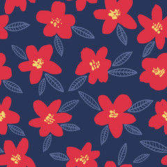 Spring bright seamless floral pattern with red hand drawn flowers on dark blue background. Ditsy print. Vector illustration