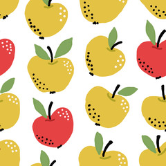 Seamless cute colorful pattern with yellow and red hand drawn apples on white background. Scandinavian design style, vector illustration for textile, manufacturing etc