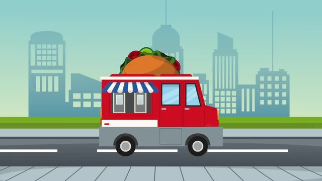 Burritos food truck at city High definition animation colorful scenes