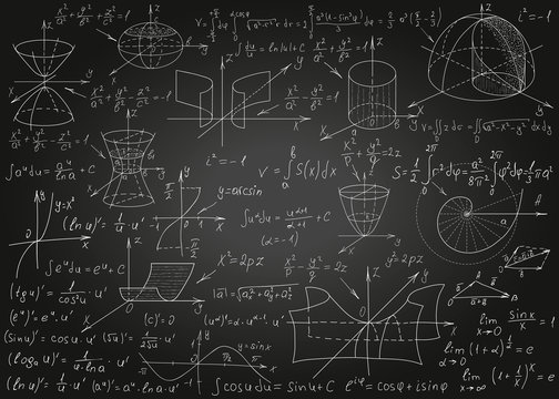 Mathematical formulas drawn by hand on a black chalkboard for the background. Vector illustration.