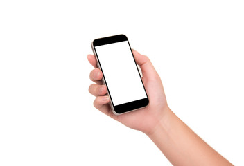 Woman hand holding smart phone isolated on white background.