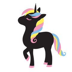 Vector illustration of cute black unicorn with rainbow hair.