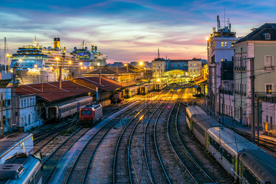 Sunset at the railway station and cruise terminal of Santa Apolonia, main entrance of tourism in Lisbon, Portugal