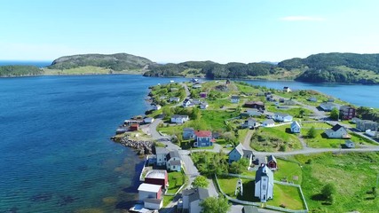 Aerial shot of beautiful historic trinity and the ocean coast in Newfoundland
