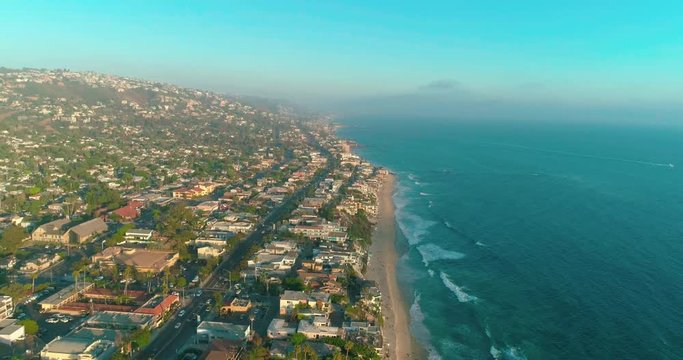 A wide angle view of the beach Los Angeles. Aeria 4k
