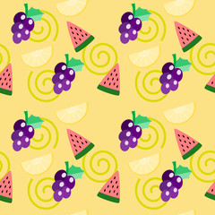 Vector illustration of tropical fruits. Summer fruits including, watermelon, lemon and grape on vivid color background. Summer and freshness concept. Tropical fruits seamless pattern.