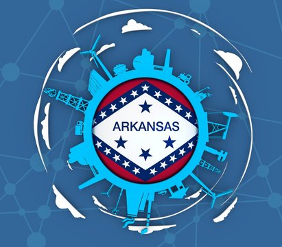 Circle with industry relative silhouettes. Objects located around the circle. Industrial design background. Flag of the Arkansas in the center. 3D rendering