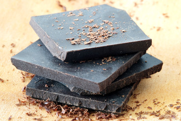 Dark chocolate on wooden background