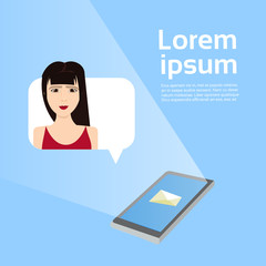 Online Chatting Smart Phone With Woman In Bubble Message Over Background With Copy Space Flat Vector Illustration