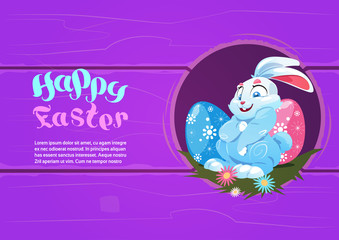 Happy Easter Decoration Poster Design Or Greeting Card Funny Bunny Holding Painted Eggs Template Background Vector Illustration