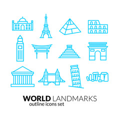 World landmarks outline icons set