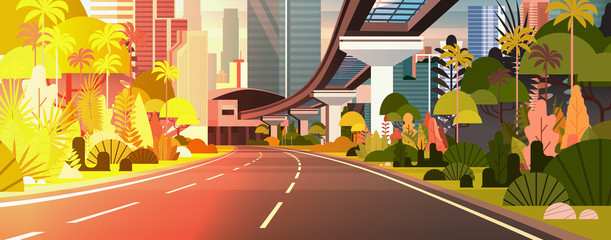 Modern City Sunset View Horizontal Banner Highway Road With Skyscrapers And Railway Vector Illustration
