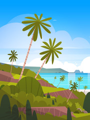 Seaside Landscape Summer Tropical Beach With Palm Trees And Mountains Exotic Resort View Flat Vector Illustration